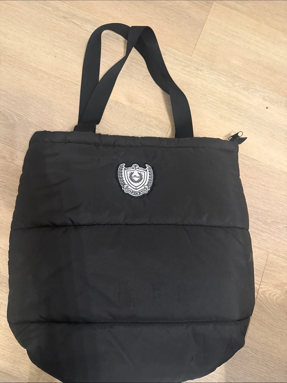 PINK Victoria's Secret Black Quilted Tote Bag with Crest Patch